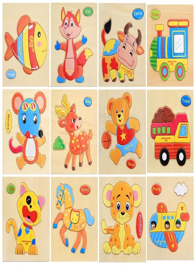 AUTHFORT Wooden Animals 3D Puzzle Children's Educational Toys (Set of 12 Puzzles) 15 cm - Multicolor - Image 1
